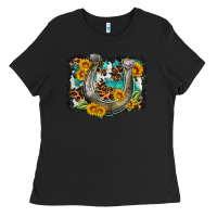 Black western leopard cowhide turquoise background horse Ladies Tee - OliviaCreatesArt