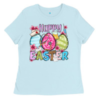 Baby Blue Happy Easter eggs Ladies Tee - OliviaCreatesArt