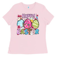Bubblegum Pink Happy Easter eggs Ladies Tee - OliviaCreatesArt