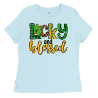 Baby Blue St. Patrick's Lucky and blessed Ladies Tee - OliviaCreatesArt