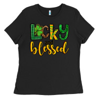 Black St. Patrick's Lucky and blessed Ladies Tee - OliviaCreatesArt