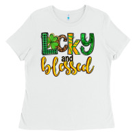 White St. Patrick's Lucky and blessed Ladies Tee - OliviaCreatesArt