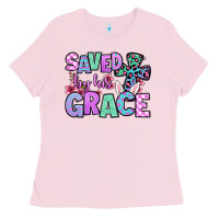 Bubblegum Pink Easter Day Saved by his grace Ladies Tee - OliviaCreatesArt