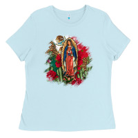 Baby Blue Our Lady Of Guadalupe Mexican Flag Cactus Roses Ladies Tee - FaDigitalArtStudio