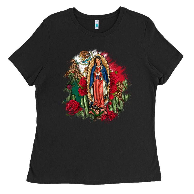 Our Lady Of Guadalupe Mexican Flag Cactus Roses Ladies Tee by FaDigitalArtStudio | Teevron