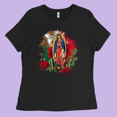 Our Lady Of Guadalupe Mexican Flag Cactus Roses Ladies Tee Designed By Fadigitalartstudio