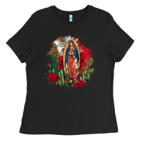 Black Our Lady Of Guadalupe Mexican Flag Cactus Roses Ladies Tee - FaDigitalArtStudio