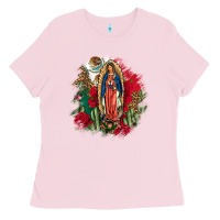 Bubblegum Pink Our Lady Of Guadalupe Mexican Flag Cactus Roses Ladies Tee - FaDigitalArtStudio