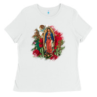 White Our Lady Of Guadalupe Mexican Flag Cactus Roses Ladies Tee - FaDigitalArtStudio