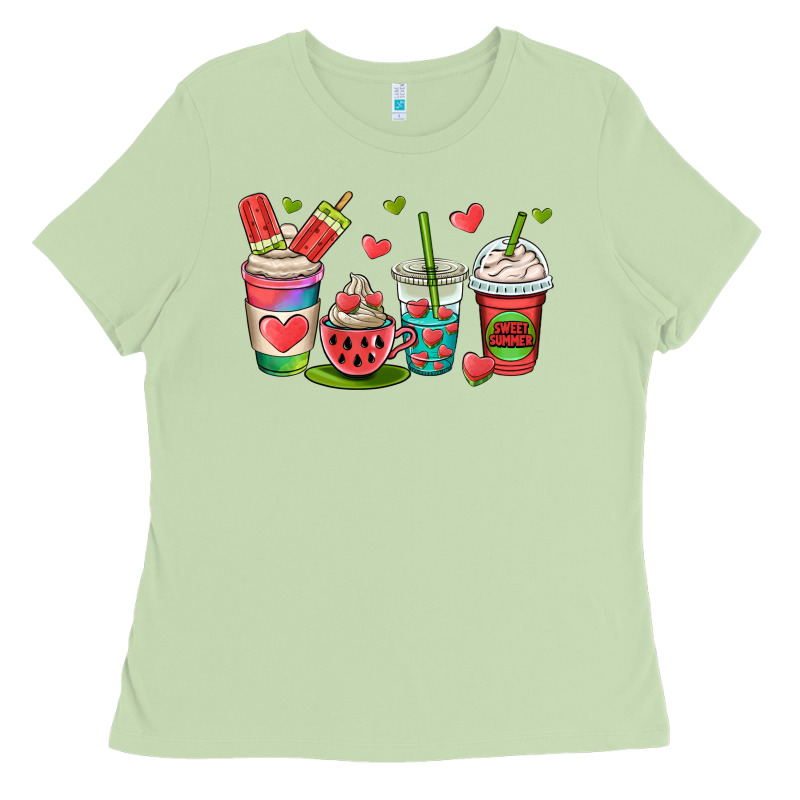 Watermelon Summer Coffee Cups Ladies Tee by OliviaCreatesArt | Teevron