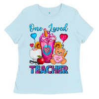 Baby Blue One Loved Teacher Valentines Day Cold Drink Frappe Ladies Tee - FaDigitalArtStudio