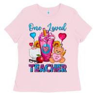 Bubblegum Pink One Loved Teacher Valentines Day Cold Drink Frappe Ladies Tee - FaDigitalArtStudio