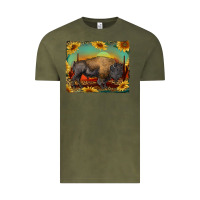 Vintage Olive western bison with sunset background Vintage Tee - RanaPortraitStore
