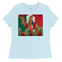 Baby Blue Our Lady Of Guadalupe Mexican Flag Roses Cactus Ladies Tee - FaDigitalArtStudio