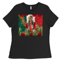 Black Our Lady Of Guadalupe Mexican Flag Roses Cactus Ladies Tee - FaDigitalArtStudio