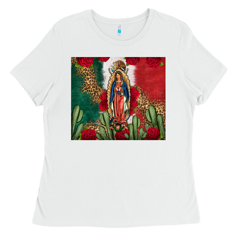 Our Lady Of Guadalupe Mexican Flag Roses Cactus Ladies Tee by FaDigitalArtStudio | Teevron