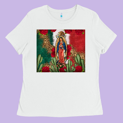 Our Lady Of Guadalupe Mexican Flag Roses Cactus Ladies Tee Designed By Fadigitalartstudio