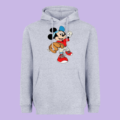 Micky-playing-baseball-cartoon-illustration-- Heavyweight Hoodie Designed By Pixelflow