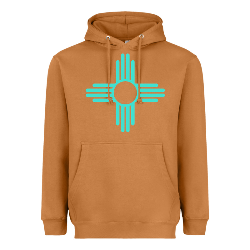 New Mexico Zia Sun In Turquoise Blue Heavyweight Hoodie by PixelFlow | Teevron