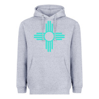 Heather Grey New Mexico Zia Sun in Turquoise Blue Heavyweight Hoodie - PixelFlow