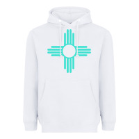 White New Mexico Zia Sun in Turquoise Blue Heavyweight Hoodie - PixelFlow