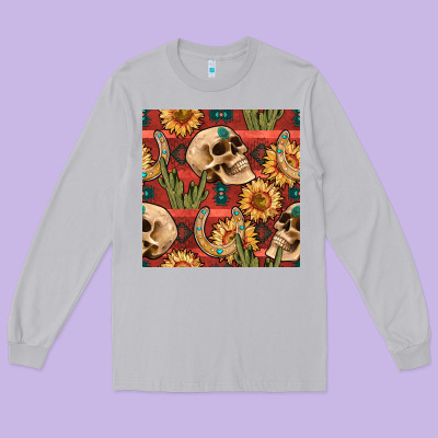 Western Skull Aztec Seamless Pattern Long Sleeve Tee Designed By Bundleandbundleshop