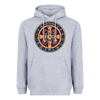Heather Grey Saint Benedict Medal 1 Heavyweight Hoodie - SnappyArt