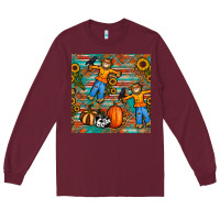 Burgundy fall scarecrow seamless pattern Long Sleeve Tee - BundleAndBundleShop
