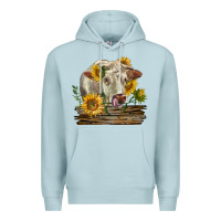 Blue Mist charolais cow with sunflowers Premium Hoodie - LillyAllenDesigns