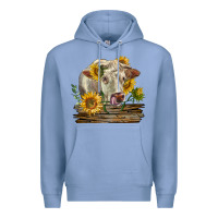 Colony Blue charolais cow with sunflowers Premium Hoodie - LillyAllenDesigns