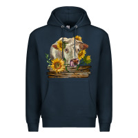 Navy charolais cow with sunflowers Premium Hoodie - LillyAllenDesigns