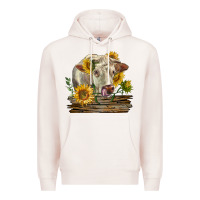 Pale Pink charolais cow with sunflowers Premium Hoodie - LillyAllenDesigns