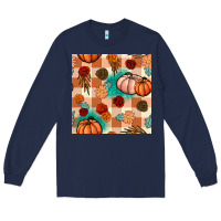 Navy floral pumpkins seamless pattern Long Sleeve Tee - BundleAndBundleShop