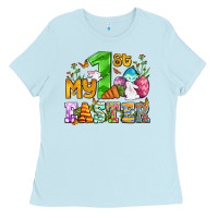 Baby Blue Easter Day My first Easter with eggs and rabbits Ladies Tee - OliviaCreatesArt