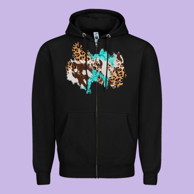 Cowhide Leopard Turquoise Patch Zipper Hoodie Designed By Adodesignshop