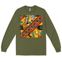 Army Green western cowboy bull skull seamless pattern Long Sleeve Tee - BundleAndBundleShop