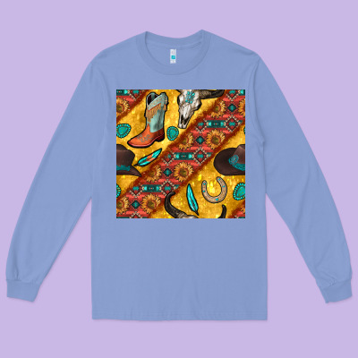 Western Cowboy Bull Skull Seamless Pattern Long Sleeve Tee Designed By Bundleandbundleshop