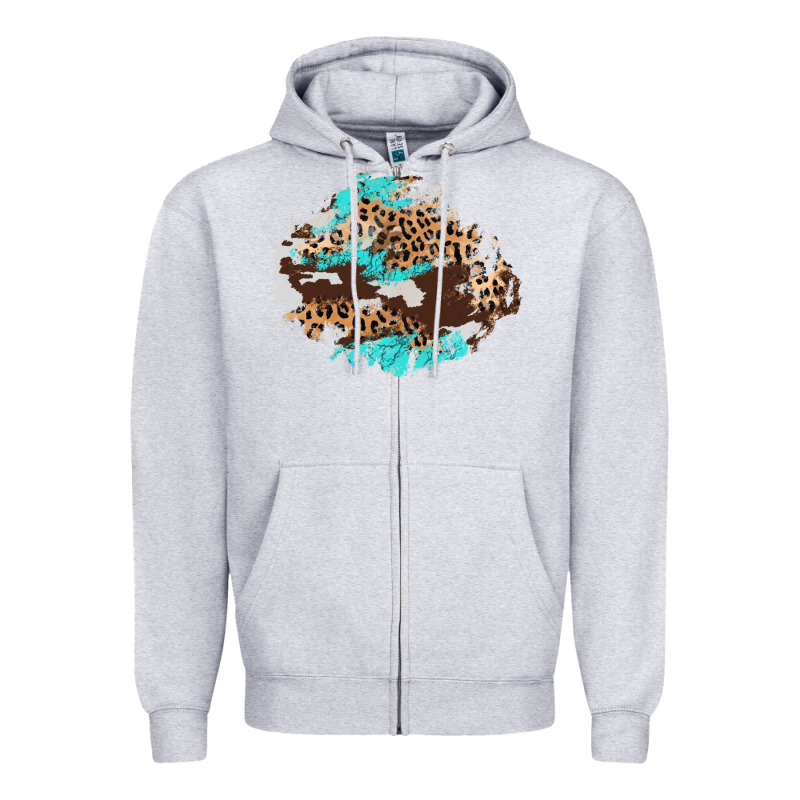 Cowhide Leopard Turquoise Patch Zipper Hoodie by AdoDesignShop | Teevron