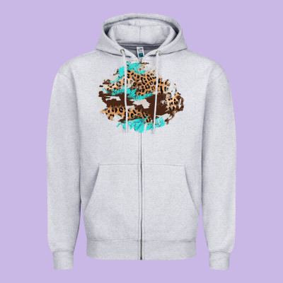 Cowhide Leopard Turquoise Patch Zipper Hoodie Designed By Adodesignshop