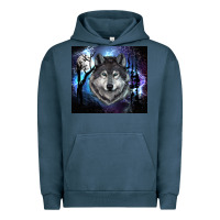 Pigment Midnight Navy wolf and full moon Urban Hoodie - RanaPortraitStore
