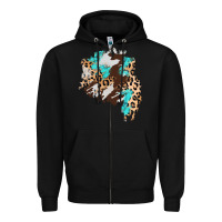 Black cowhide leopard turquoise patch Zipper Hoodie - AdoDesignShop