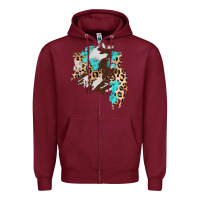 Burgundy cowhide leopard turquoise patch Zipper Hoodie - AdoDesignShop
