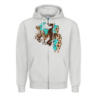 Dove Grey cowhide leopard turquoise patch Zipper Hoodie - AdoDesignShop