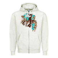 Cowhide Leopard Turquoise Patch Zipper Hoodie | Teevron