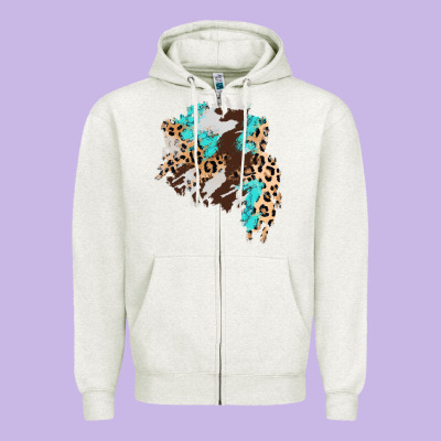 Cowhide Leopard Turquoise Patch Zipper Hoodie Designed By Adodesignshop