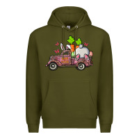 Army Green happy easter pink truck with bunny Premium Hoodie - RanaPortraitStore