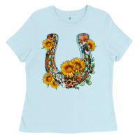 Baby Blue western leopard cowhide sunflowers horseshoe Ladies Tee - OliviaCreatesArt