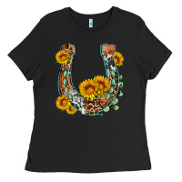 Black western leopard cowhide sunflowers horseshoe Ladies Tee - OliviaCreatesArt