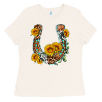 Bone western leopard cowhide sunflowers horseshoe Ladies Tee - OliviaCreatesArt