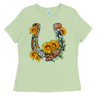Matcha western leopard cowhide sunflowers horseshoe Ladies Tee - OliviaCreatesArt